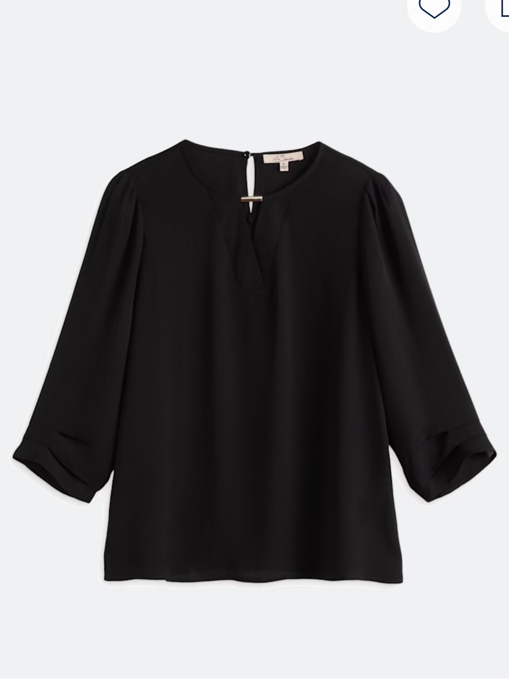 Black Split-Neck Blouse with Gold Bar Detail